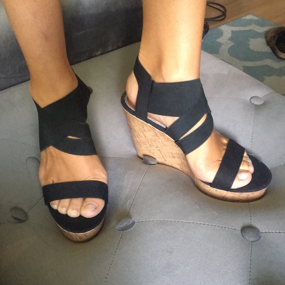 Madden Girl black cork wedges